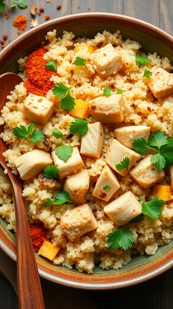 A bowl of quinoa chicken pulao with chicken pieces and cilantro, surrounded by spices on a wooden table.